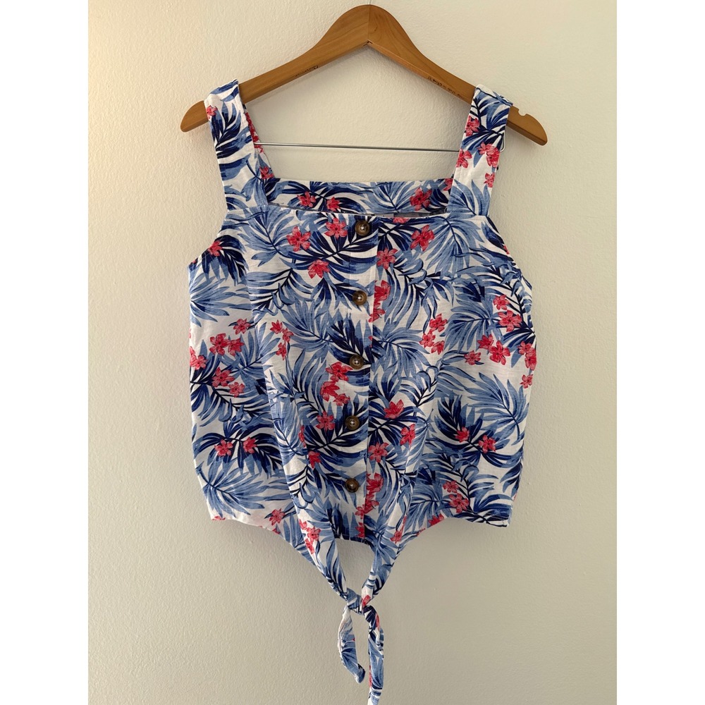 Caribbean Joe Sleeveless Blue Print Tropical Tie Front Cropped Tank Size L